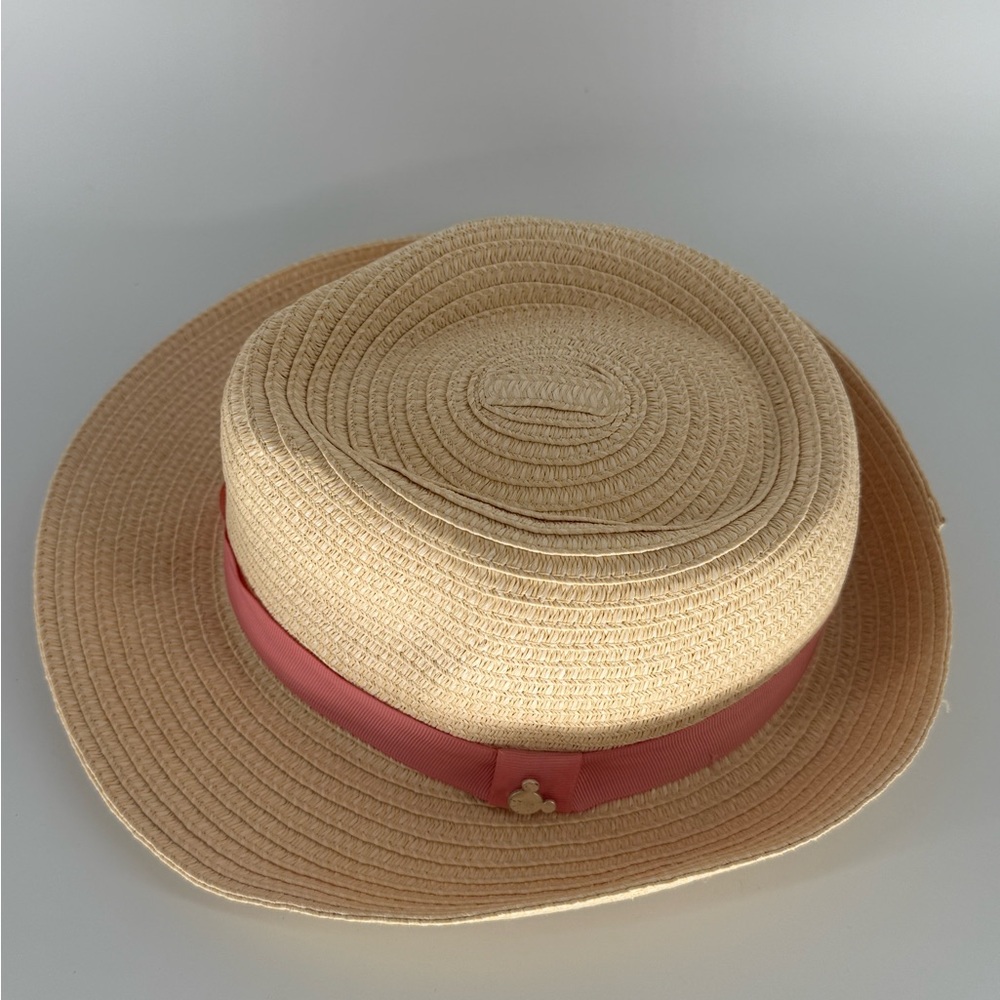 Adult Size Walt Disney Parks Straw Fedora Hat with Pink Ribbon Mickey Mouse EUC